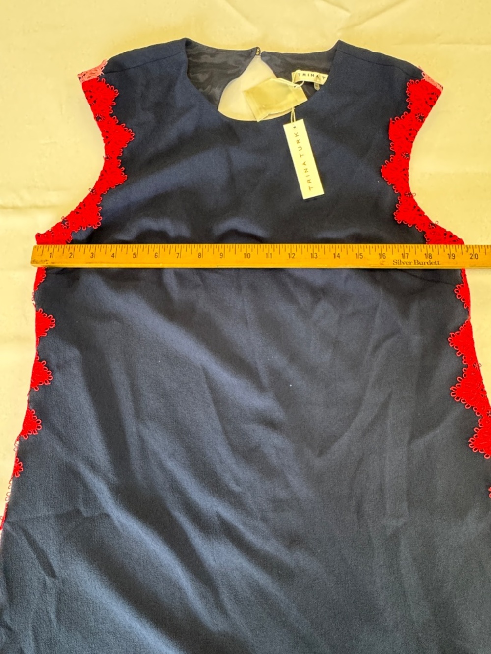 Trina Turk Whim Crochet Lace Trim Appliqué Shift Dress Navy Blue Size 16 NWT - Picture 8 of 15